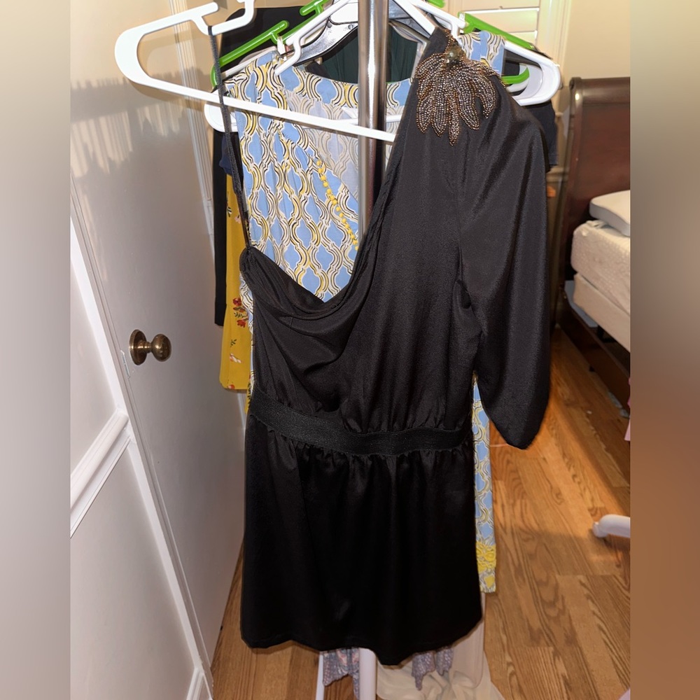 Charcoal Dress with One Sleeve + Gold Embelished Shoulder